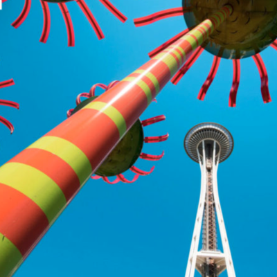西雅图中心的太空针塔和声音雕塑